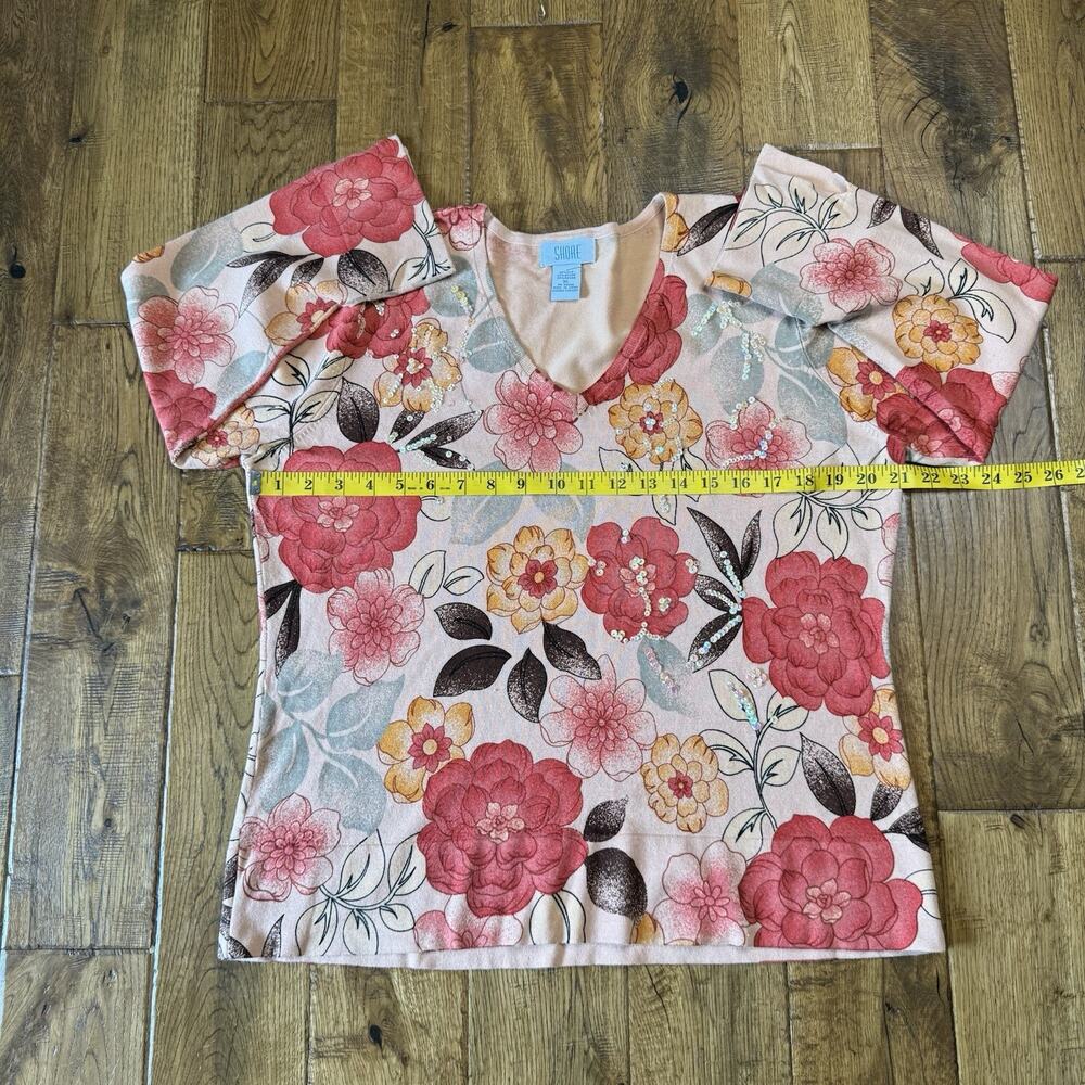 Shore Coral Peach Floral Silk Blend V-Neck Sweater Womens Sz XL Sequens - Picture 2 of 5